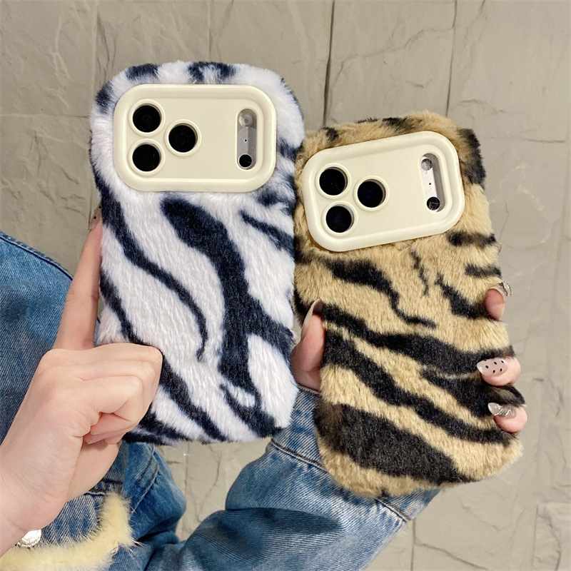 Phone Cases Iphone 16 Pro - Luxury Zebra Pattern Fluffy Plush Phone